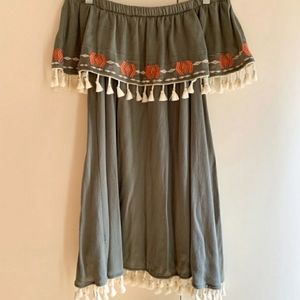 Green Off the Shoulder Dress with Tassles